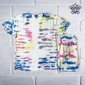 MENS THREADBARE TIE DYE SHORT SET WITH TEE SIZE LARGE TEE SIZE MEDIUM SHORTS